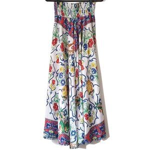 Super-Wide Palazzo Pants OS S/M Smocked Waist Cabana Pom Pom Fringe